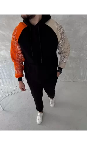 Luz&Pos Üç İplik Penye Kapşonlu Parçalı Sweatshirt - Siyah