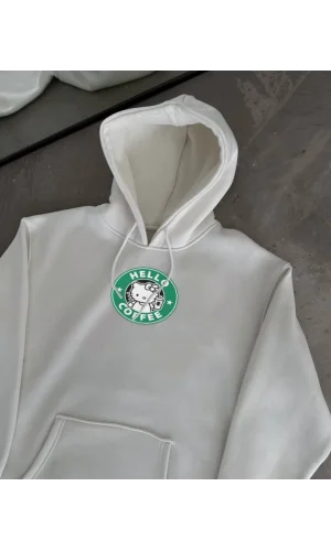 Üç İplik Penye Uzun Kol Kapşonlu SweatShirt - Beyaz