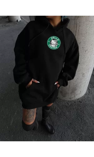 Üç İplik Penye Uzun Kol Kapşonlu SweatShirt - Siyah