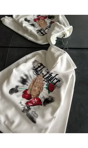 Luz&Pos Üç İplik Penye Uzun Kol Kapüşonlu Baskılı Sweatshirt - Beyaz