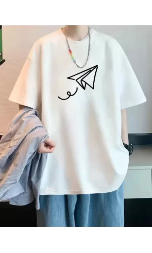 Luz&Pos 20/1 Penye Compack Uçak Baskılı Oversize Bisiklet Yaka Kısa Kol T-shirt - Beyaz