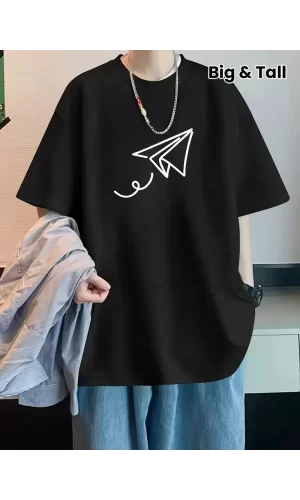 Luz&Pos 20/1 Penye Compack Uçak Baskılı Oversize Bisiklet Yaka Kısa Kol T-shirt - Siyah
