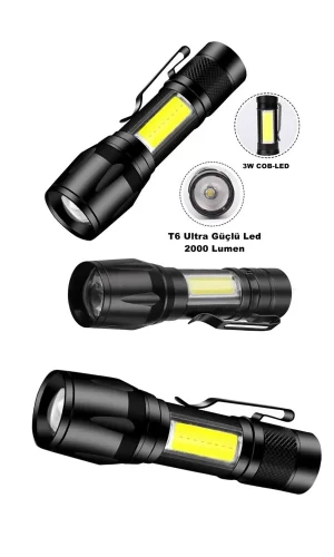 Ultra Çift Yönlü Güçlü Pilli Led El Feneri 2000 Lümen + 6w Cob Led Su Geçirmez Zoomlu 3 Modlu