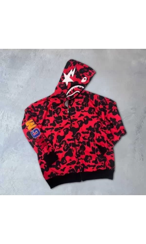 Unisex 2 İplik Bape Kapüşonu Fermuarlı Hırka - Kırmızı
