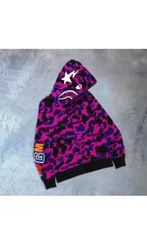 Luz&Pos Unisex 2 İplik Bape Kapüşonu Fermuarlı Hırka - Mor