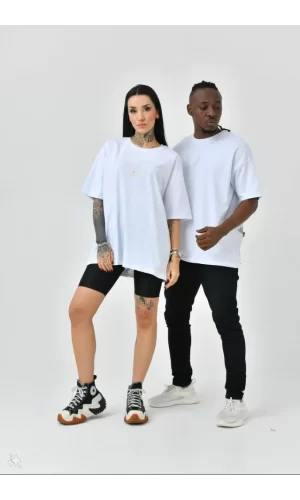 Unisex Basic Bisiklet Yaka Oversize T-Shirt - Beyaz