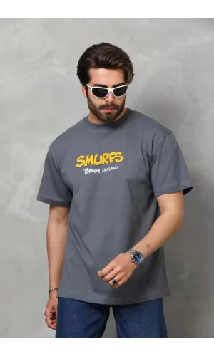Unisex Basic Bisiklet Yaka Oversize T-Shirt - Füme