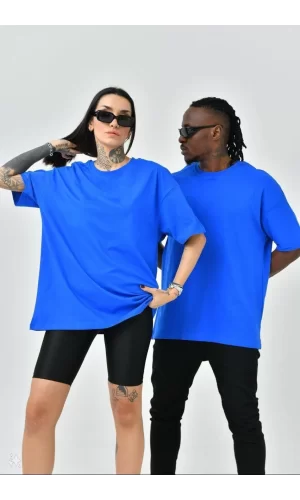 Luz&Pos Unisex Basic Bisiklet Yaka Oversize T-shirt - Mavi