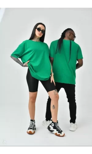Unisex Basic Bisiklet Yaka Oversize T-Shirt - Yeşil