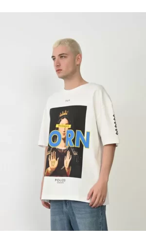 Unisex Baskılı Bisiklet Yaka Oversize T-Shirt - Beyaz