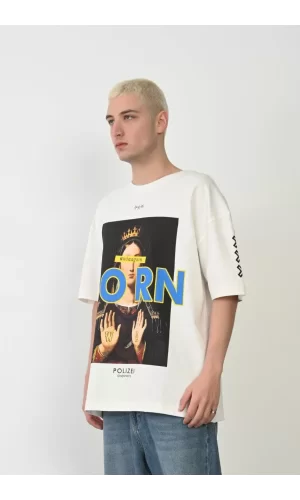 Luz&Pos Unisex Baskılı Bisiklet Yaka Oversize T-shirt - Beyaz