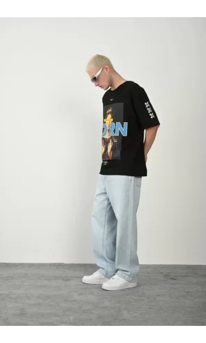 Luz&Pos Unisex Baskılı Bisiklet Yaka Oversize T-shirt - Siyah