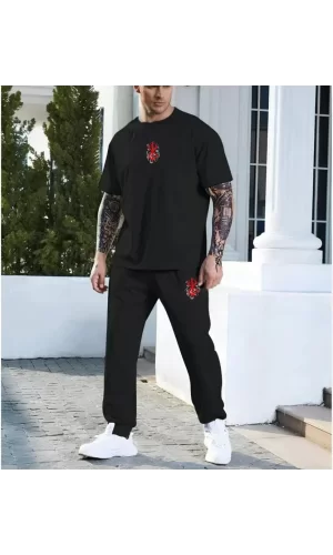 Unisex Baskılı Cepli Eşofman Takımı - Siyah
