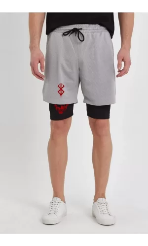 Luz&Pos Unisex Baskılı İç Cepli Sporcu Alt Taytlı Şort - Gri