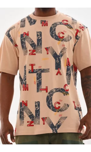 Luz&Pos Unisex Baskılı Oversize T-shirt - Bej