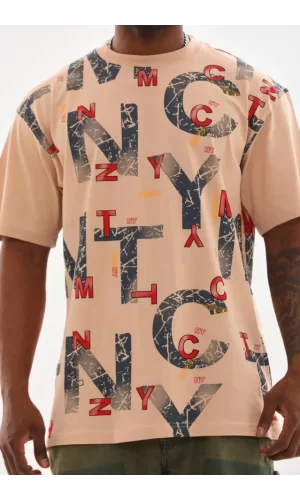 Unisex Baskılı Oversize T-Shirt - Bej