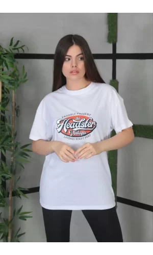 Luz&Pos Unisex Baskılı Oversize T-shirt - Beyaz