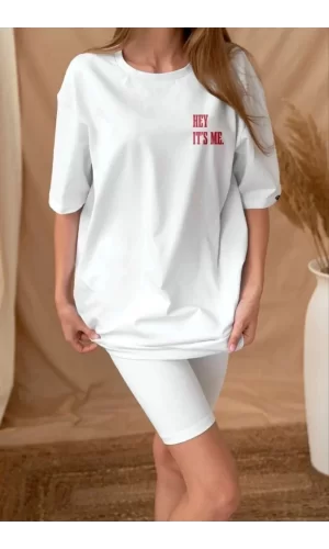 Luz&Pos Unisex Baskılı Oversize T-shirt - Beyaz