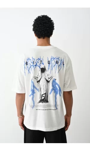 Luz&Pos Unisex Baskılı Oversize T-shirt - Beyaz