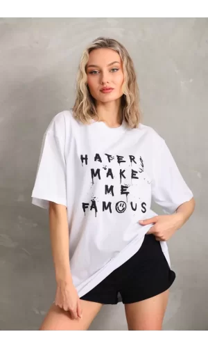 Luz&Pos Unisex Baskılı Oversize T-shirt - Beyaz