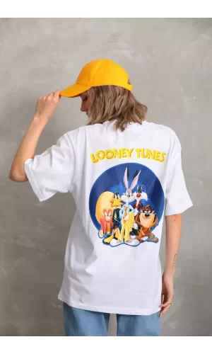Luz&Pos Unisex Baskılı Oversize T-shirt - Beyaz