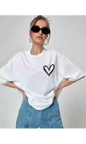 Luz&Pos Unisex Baskılı Oversize T-shirt - Beyaz