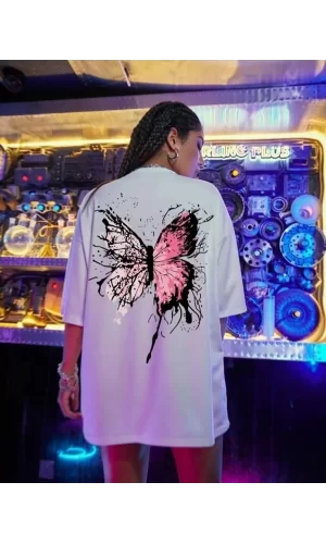 Luz&Pos Unisex Baskılı Oversize T-shirt - Beyaz