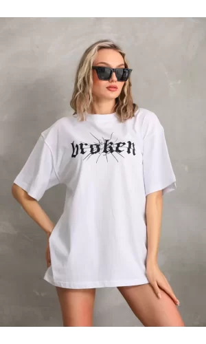 Luz&Pos Unisex Baskılı Oversize T-shirt - Beyaz