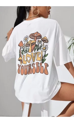 Luz&Pos Unisex Baskılı Oversize T-shirt - Beyaz