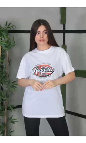 Unisex Baskılı Oversize T-Shirt - Beyaz