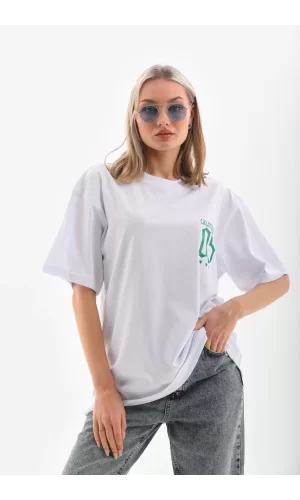 Luz&Pos Unisex Baskılı Oversize T-shirt - Beyaz
