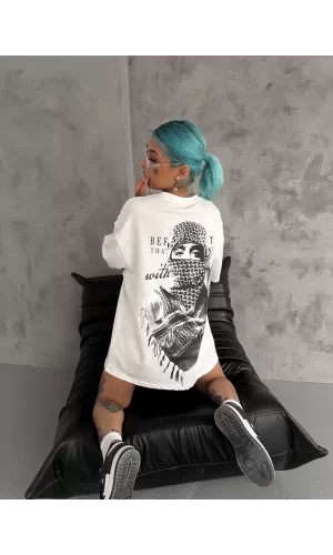 Luz&Pos Unisex Baskılı Oversize T-shirt - Beyaz