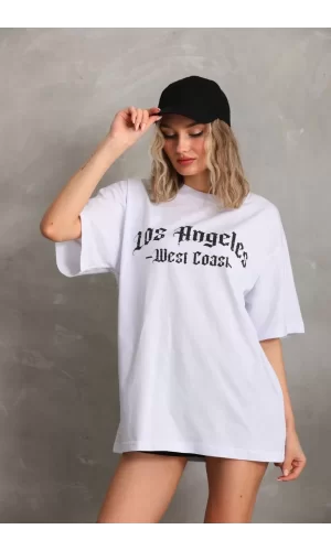 Luz&Pos Unisex Baskılı Oversize T-shirt - Beyaz