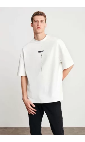 Luz&Pos Unisex Baskılı Oversize T-shirt - Beyaz