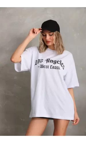 Unisex Baskılı Oversize T-Shirt - Beyaz
