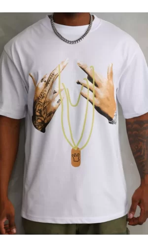 Luz&Pos Unisex Baskılı Oversize T-shirt - Beyaz