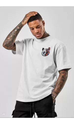 Luz&Pos Unisex Baskılı Oversize T-shirt - Beyaz