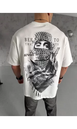 Luz&Pos Unisex Baskılı Oversize T-shirt - Beyaz