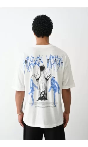 Unisex Baskılı Oversize T-Shirt - Beyaz