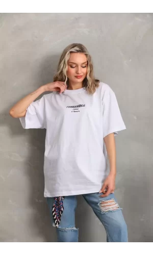 Luz&Pos Unisex Baskılı Oversize T-shirt - Beyaz