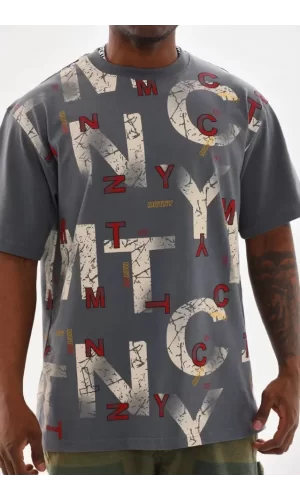 Unisex Baskılı Oversize T-Shirt - Füme