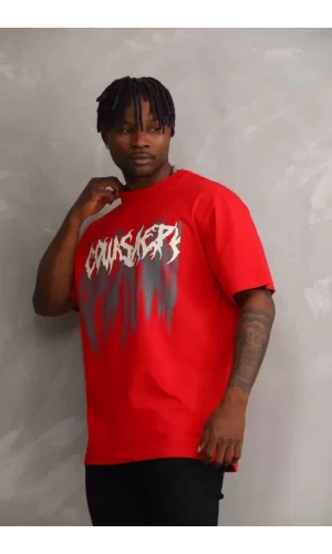 Unisex Baskılı Oversize T-Shirt - Kırmızı