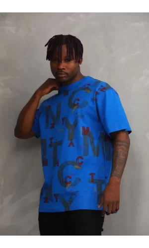 Unisex Baskılı Oversize T-Shirt - Mavi