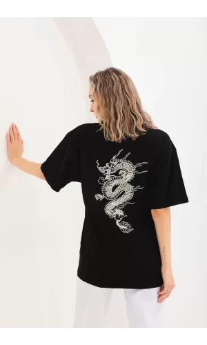 Luz&Pos Unisex Baskılı Oversize T-shirt - Siyah