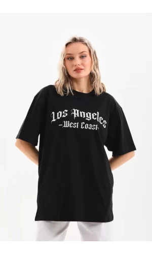 Luz&Pos Unisex Baskılı Oversize T-shirt - Siyah