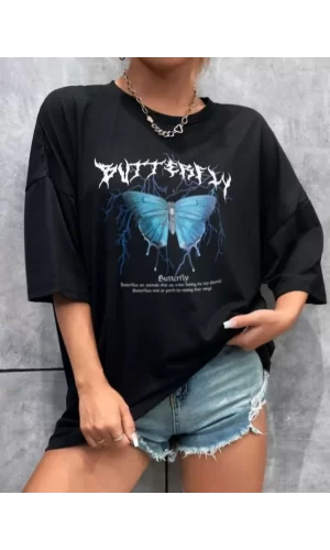 Luz&Pos Unisex Baskılı Oversize T-shirt - Siyah