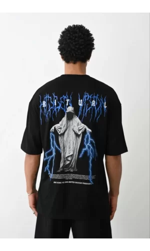 Unisex Baskılı Oversize T-Shirt - Siyah