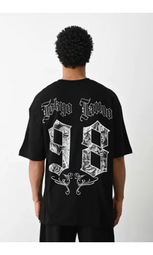 Unisex Baskılı Oversize T-Shirt - Siyah