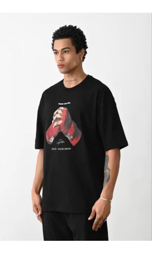 Luz&Pos Unisex Baskılı Oversize T-shirt - Siyah