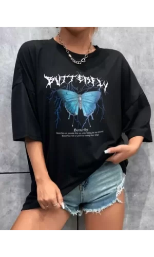 Unisex Baskılı Oversize T-Shirt - Siyah